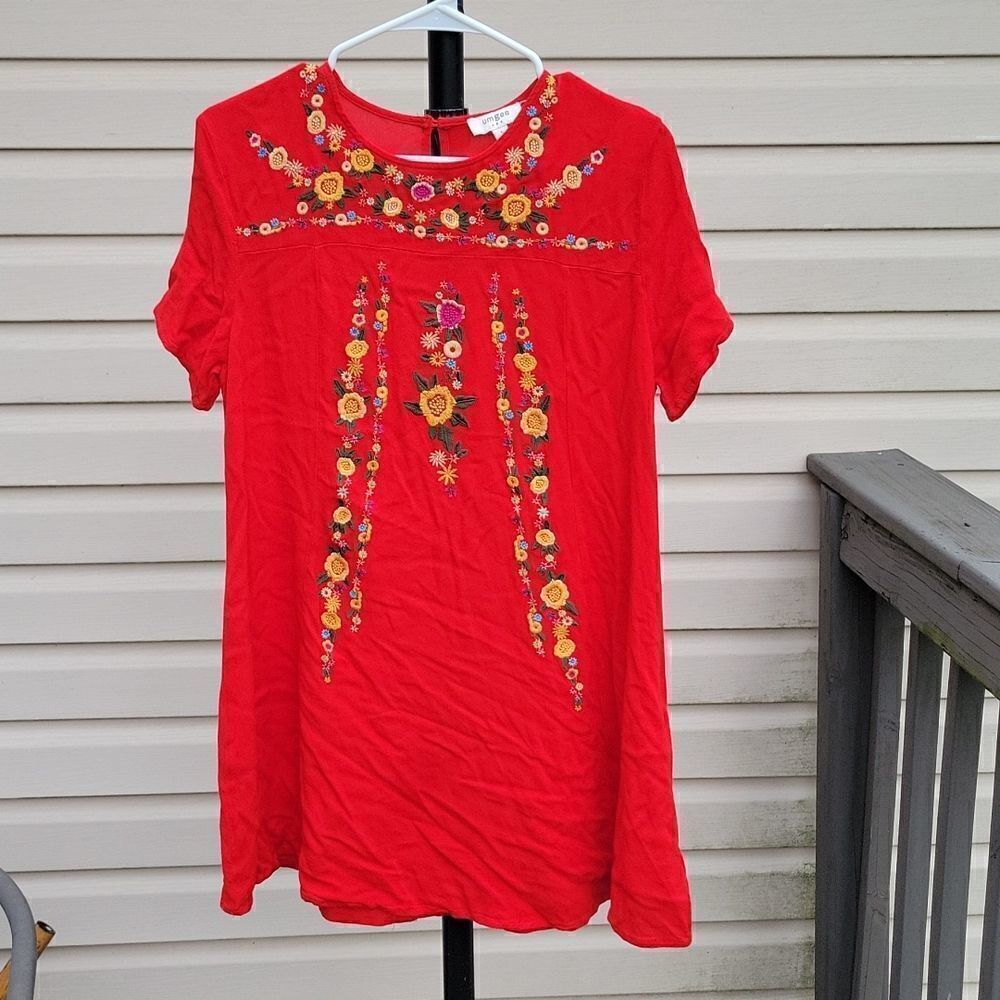 Umgee red embroidered tunic dress